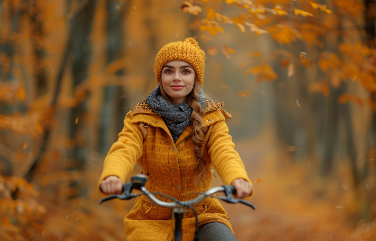 Young woman rides bicycle in autumn forest surrounded by colorful leaves and serene nature, latest fashion trends image