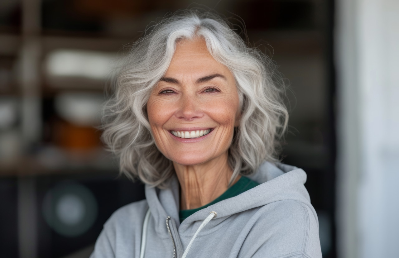 Beautiful senior woman smiles in a gray hoodie against a plain background, fashion photo