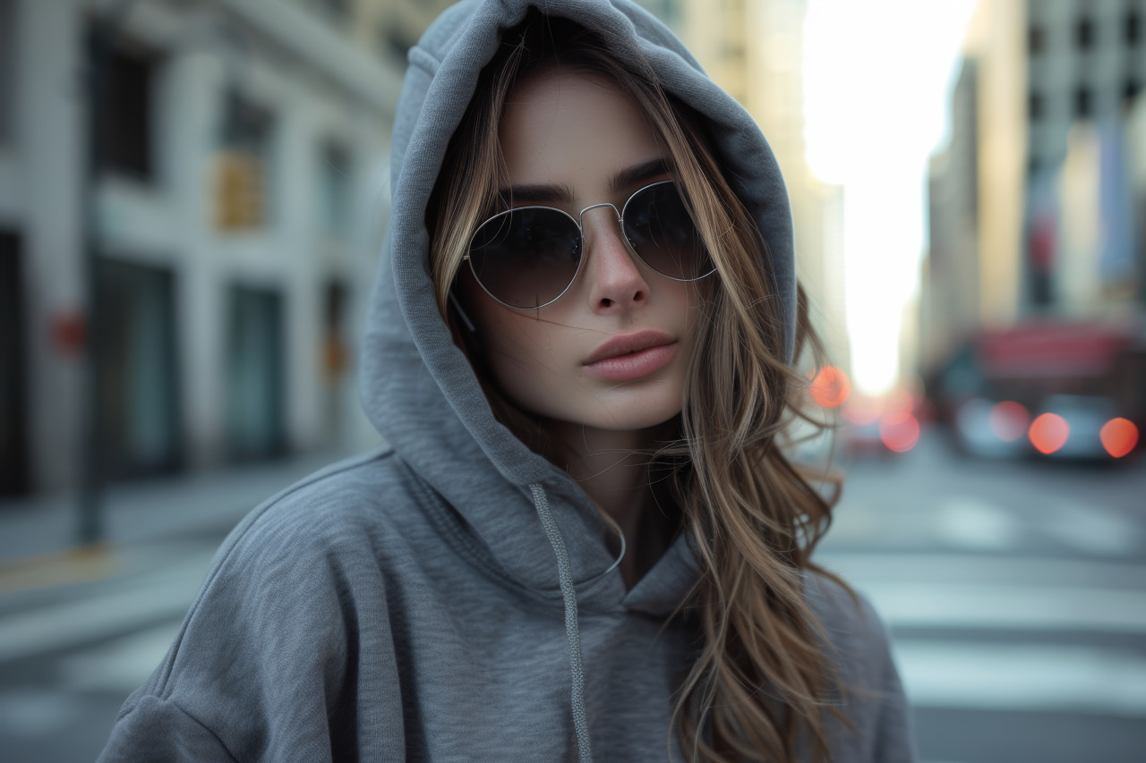 A stylish woman in a hoodie and sunglasses walking confidently through the urban streets, fashion photo