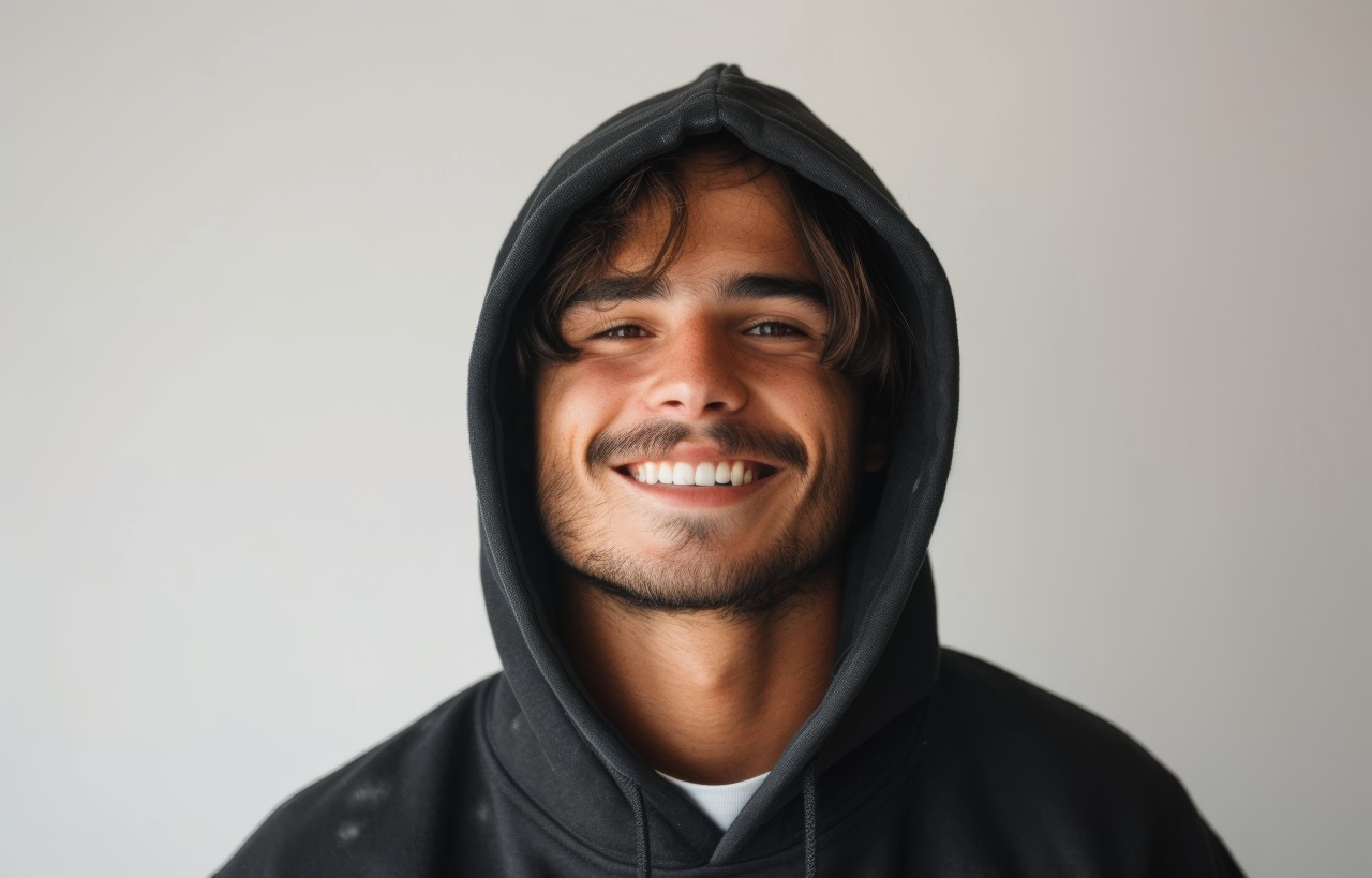 Smiling man in black hoodie standing on white background, fashion image