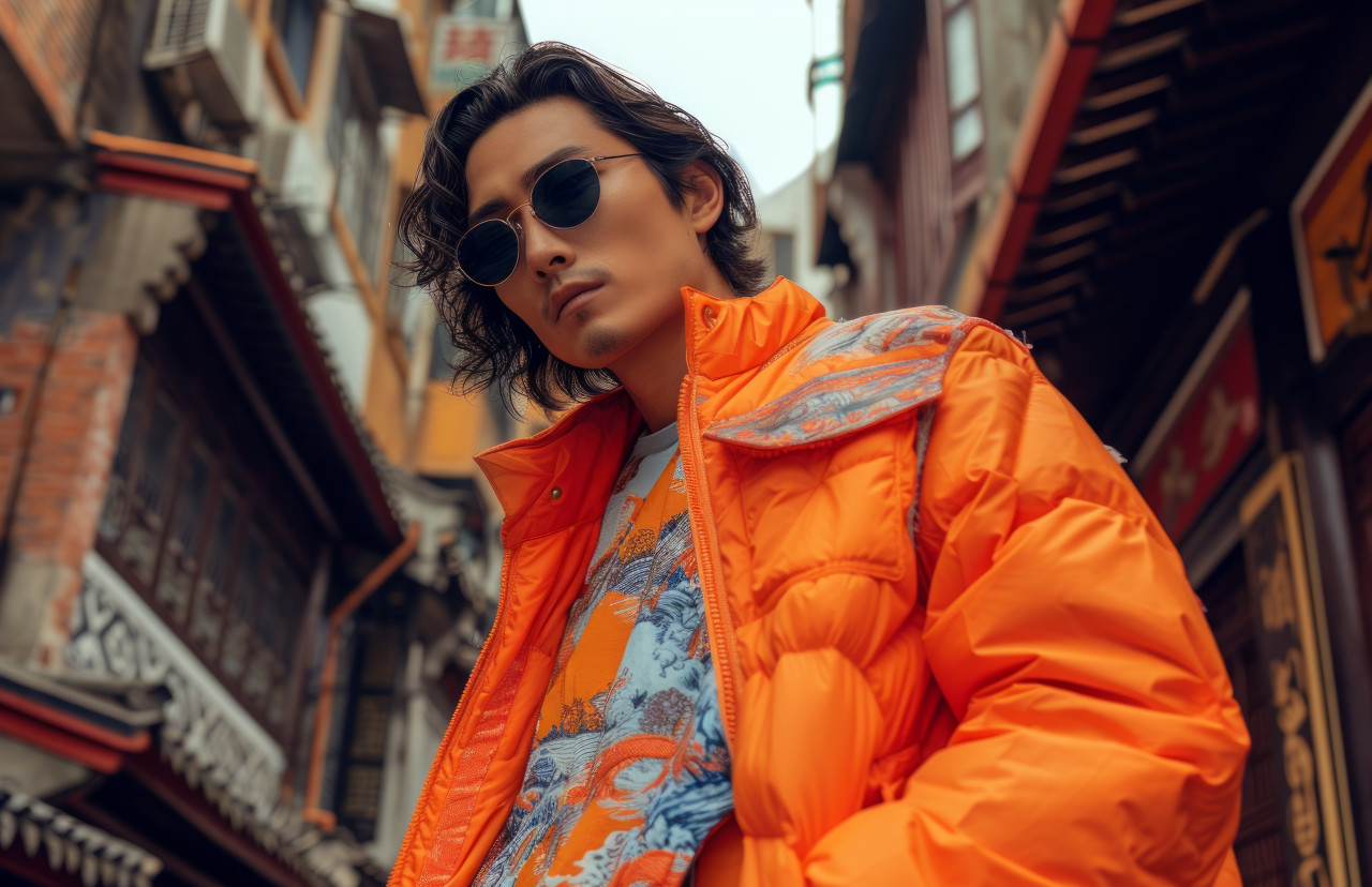 Stylish man wearing an orange jacket and sunglasses, fashion photography
