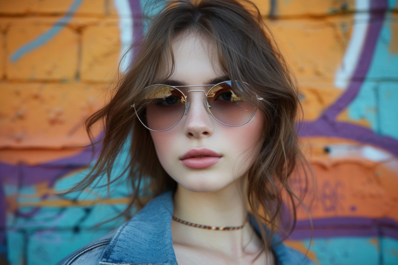 Confident young lady in sunglasses standing in front of colorful graffiti, fashion photography