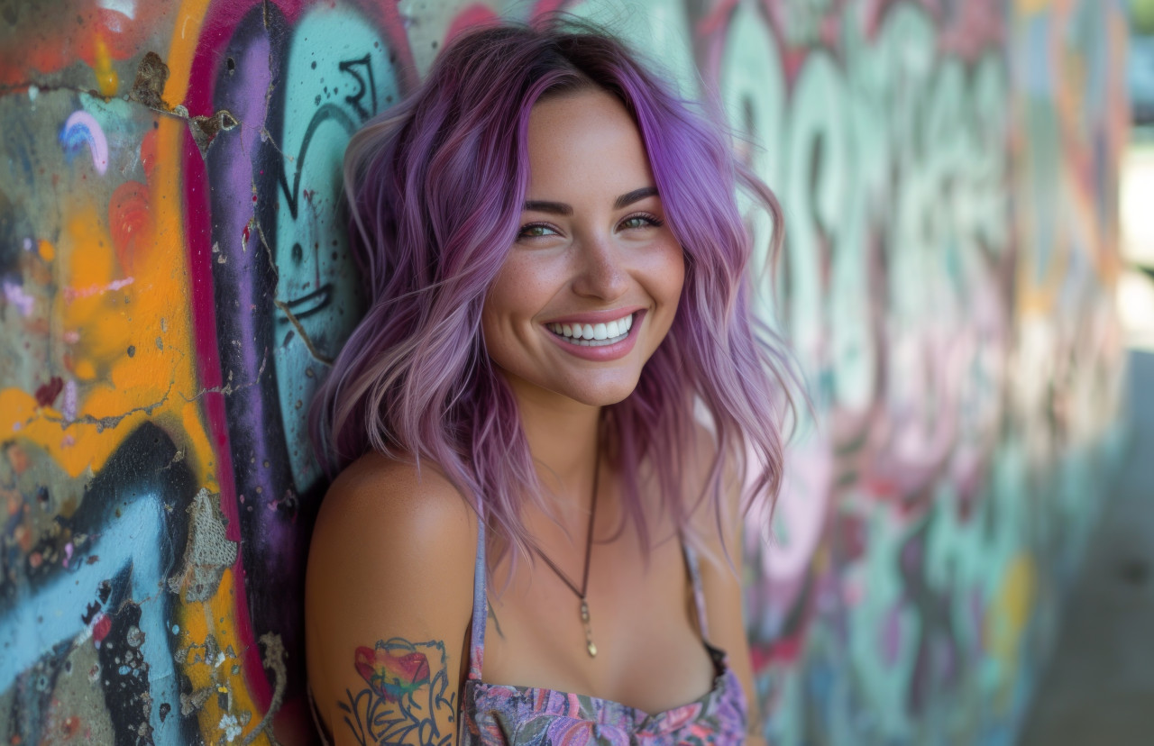 Beautiful woman with purple hair smiles beside graffiti covered wall, fashion photography