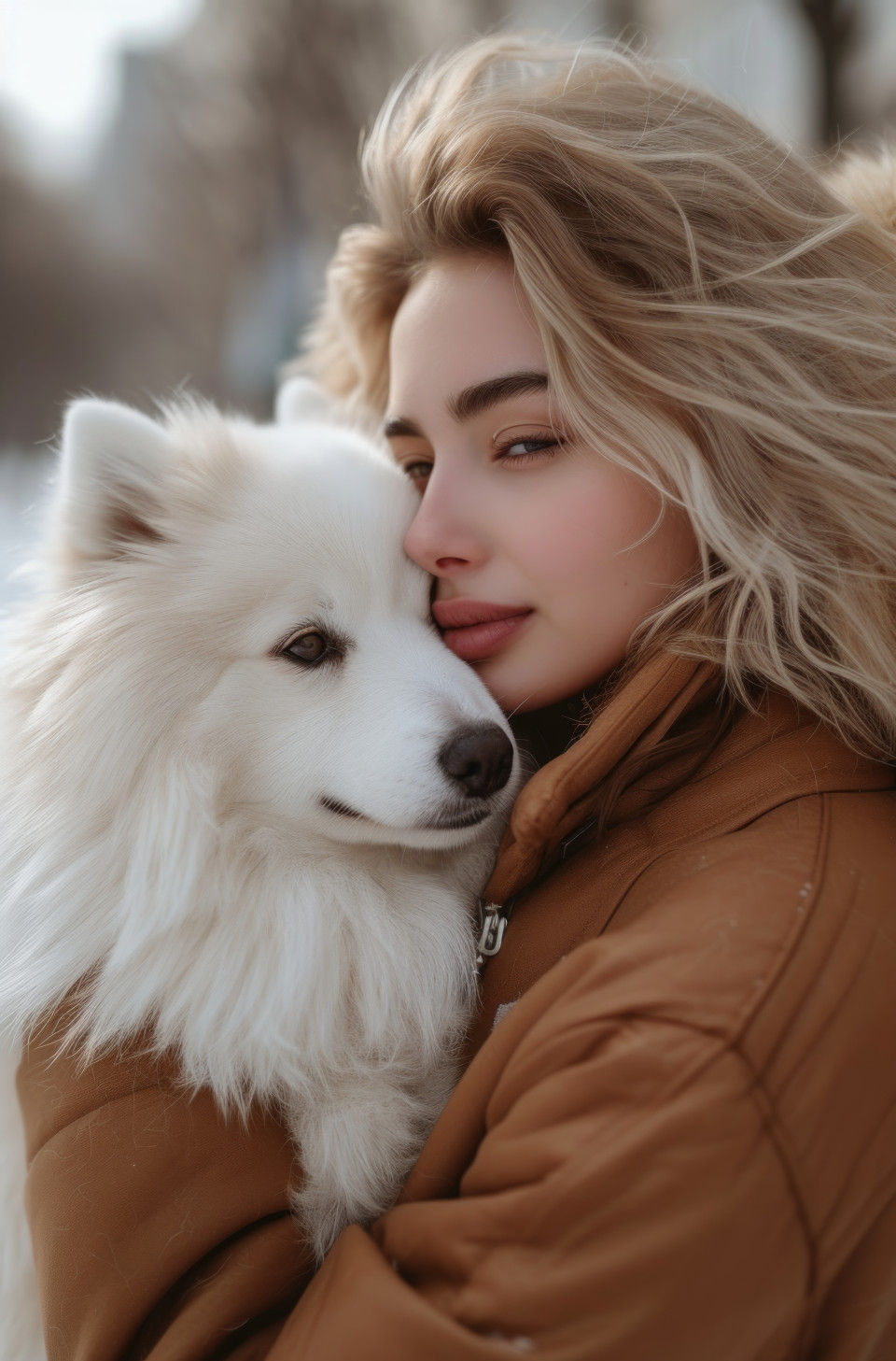 Stylish girl holding white pomeranian in a city setting, fashion photo