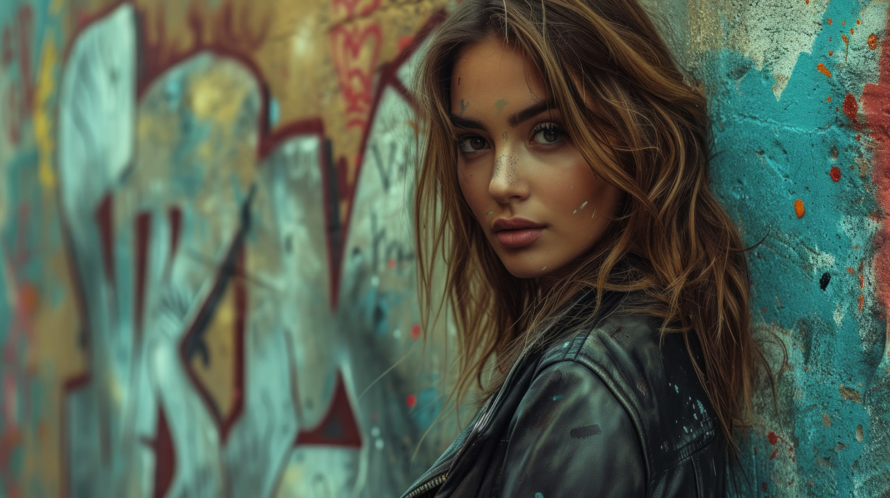 Young girl beside colorful graffiti wall, best fashion photo