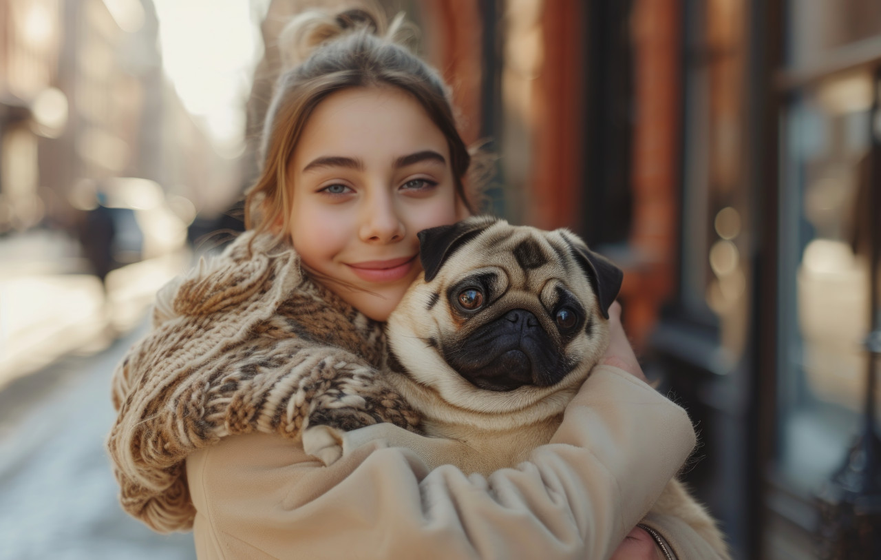 Girl holding pug dog in city street, latest fashion trends image