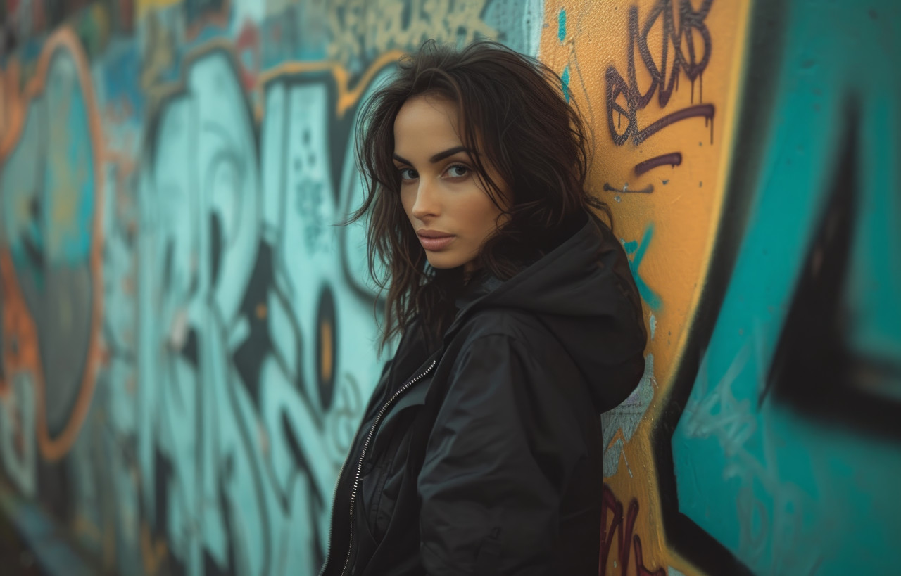 Woman in black jacket stands on graffiti covered wall, fashion and style image