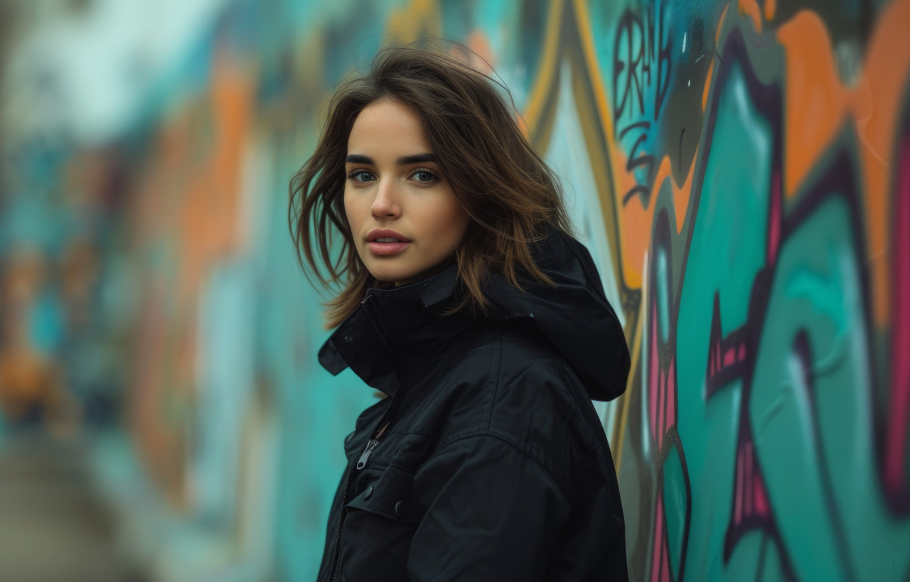 A stylish woman standing on a vibrant graffiti wall background, latest fashion trends image