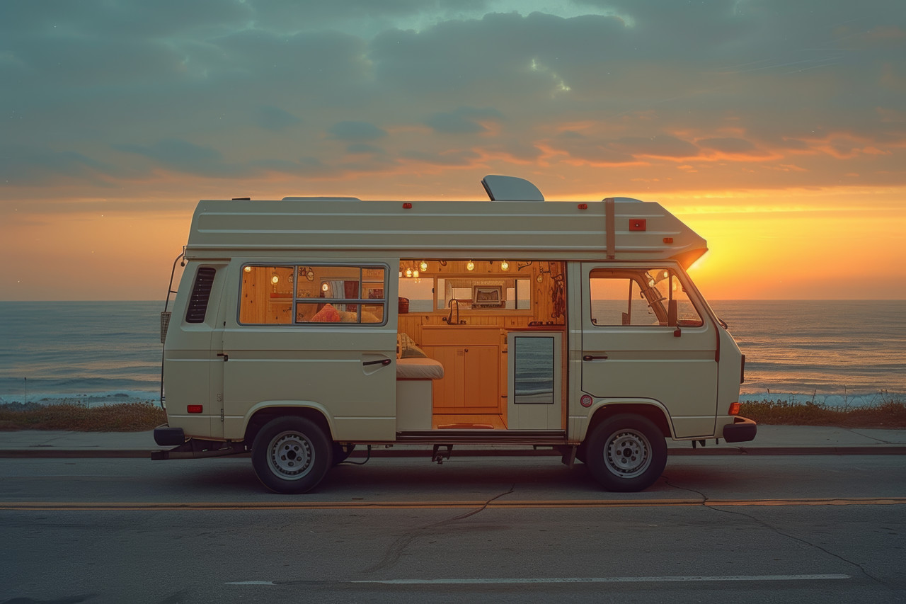 Tiny home van parked on the road during a beautiful sunset, tiny homes concept