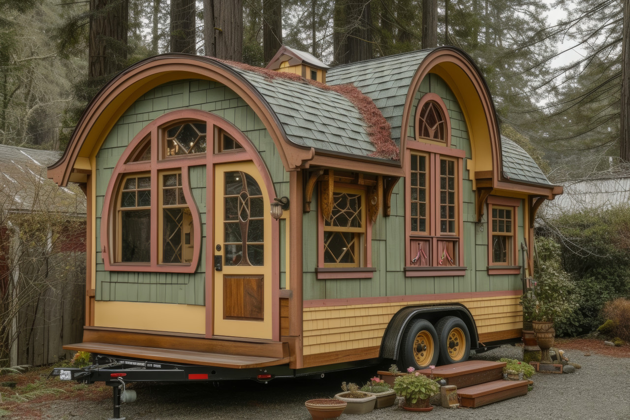 Tiny house on wheels surrounded by majestic redwoods, tiny homes photo