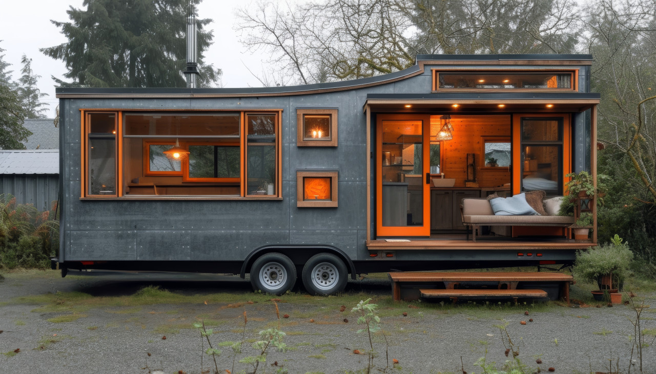 Tiny home parked in lot cozy and compact living space with green surroundings, tiny homes photo