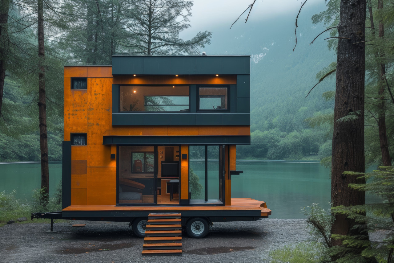 Tiny house on wheels nestled in the forest near a lake a cozy retreat surrounded by nature beauty, tiny homes concept