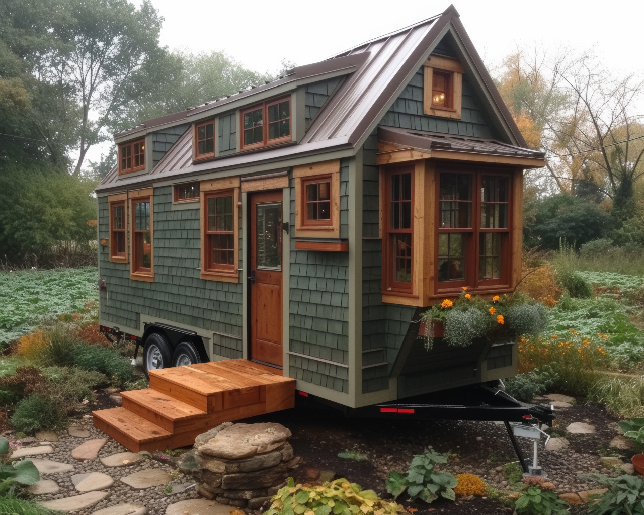 Tiny house built on trailer in garden, tiny homes concept