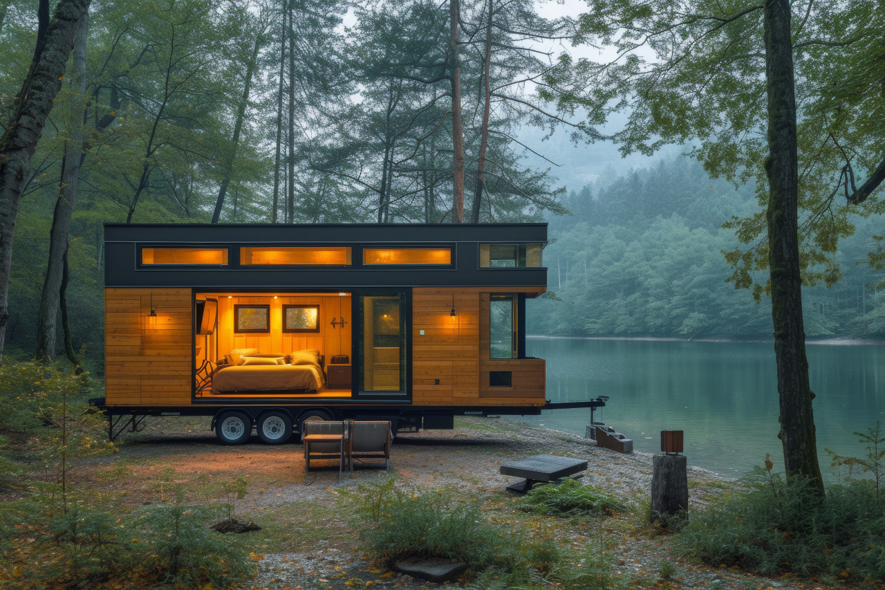 Tiny house on wheels nestled in the forest near a serene lake, tiny homes concept