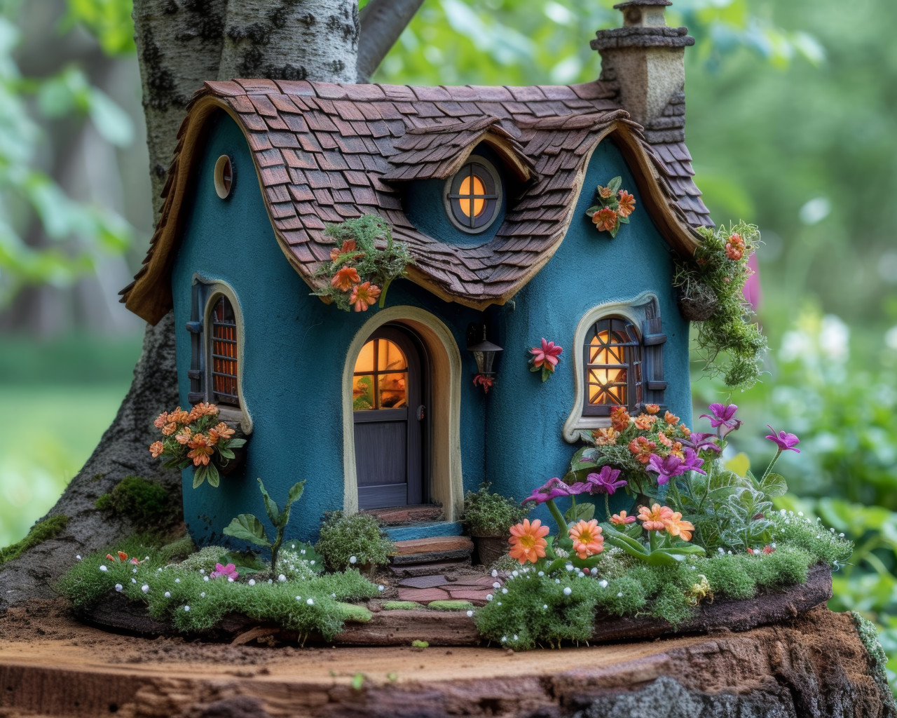 Blue fairy house surrounded by vibrant flowers in a magical garden, outdoor downsizing concept