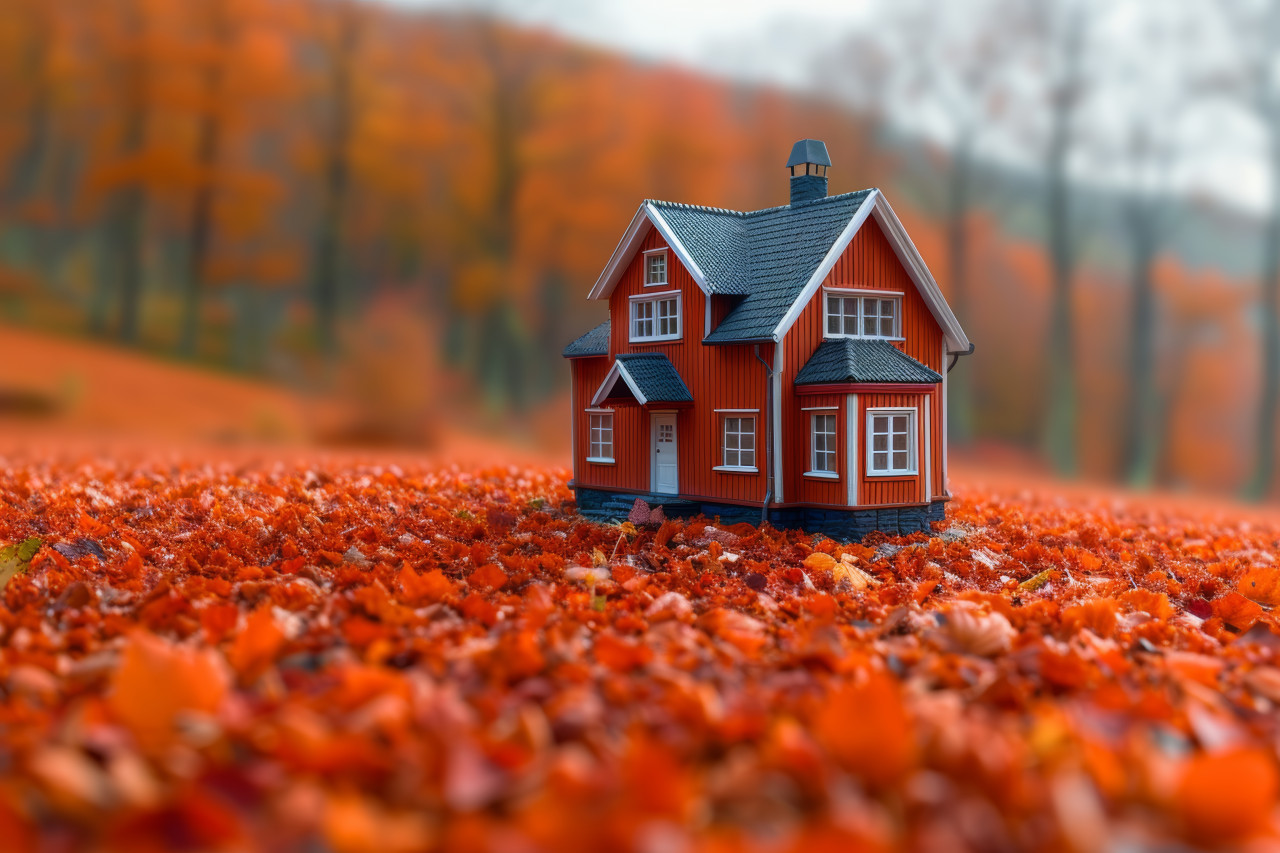 A house standing in the middle of a field surrounded by autumn leaves, outdoor downsizing concept