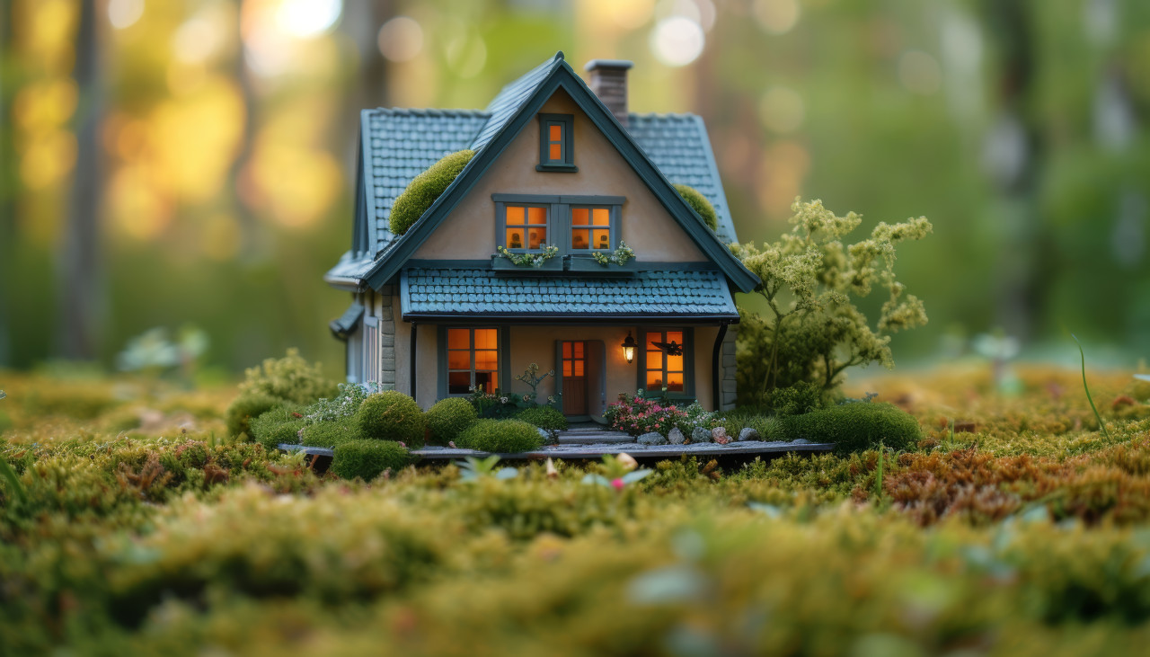 Tiny model house placed in lush green grass, outdoor downsizing photo