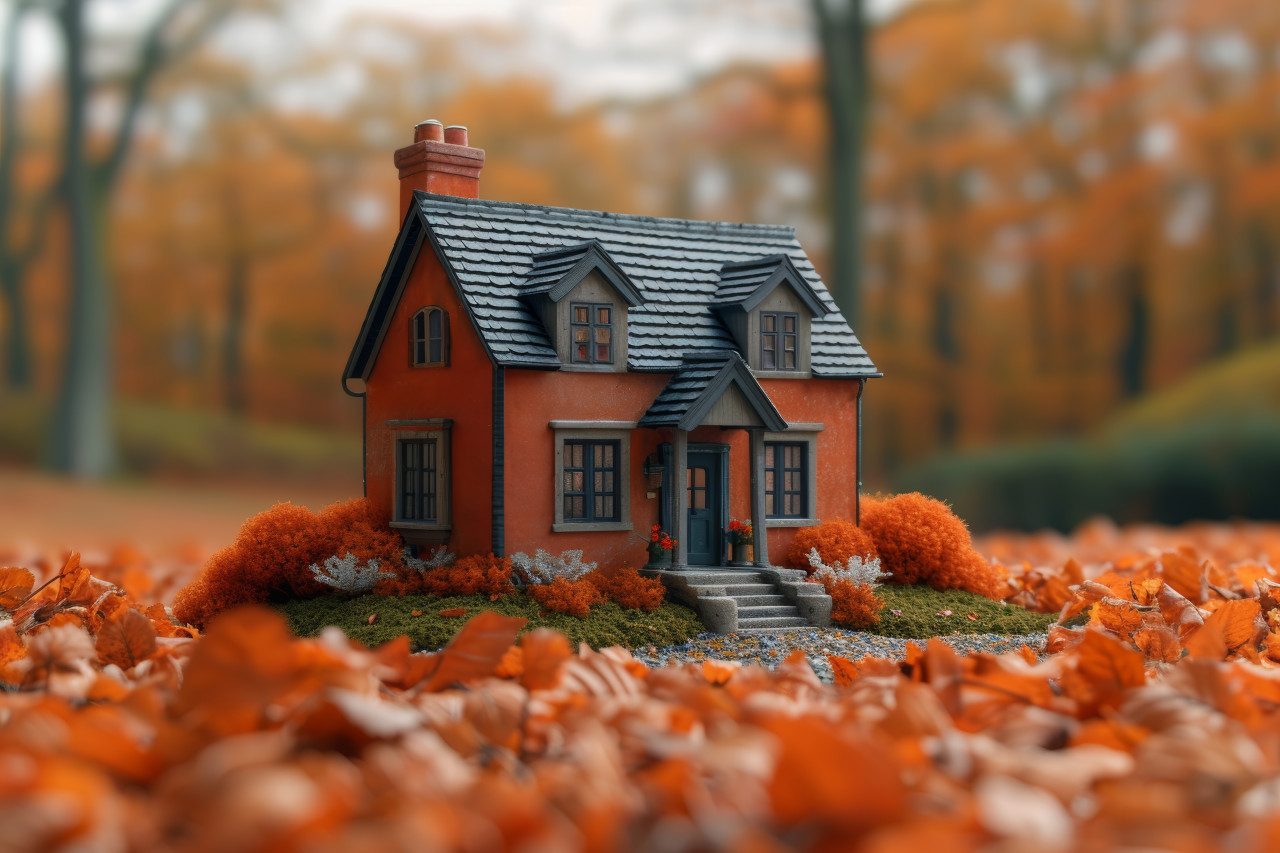 House in field with autumn leaves serene and isolated nature beauty in fall, outdoor downsizing photo
