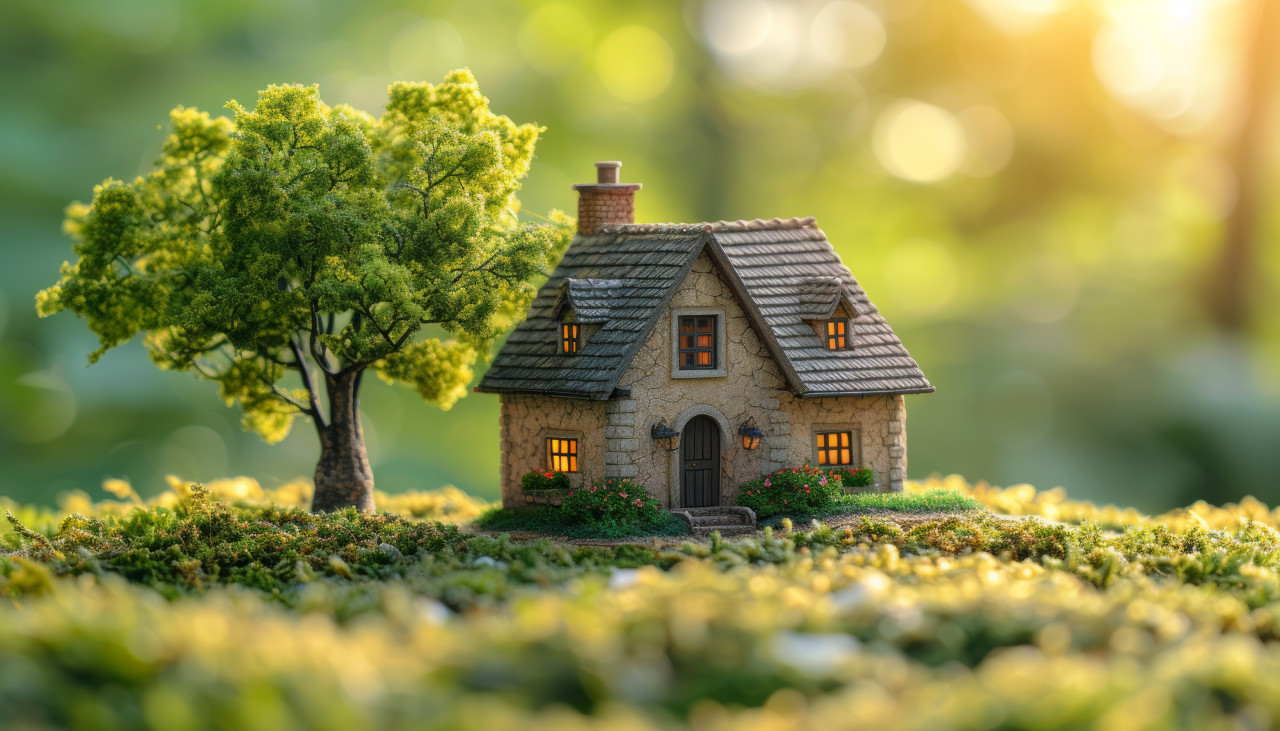 Miniature house nestled in green grass a tiny world of charm and simplicity, outdoor downsizing concept