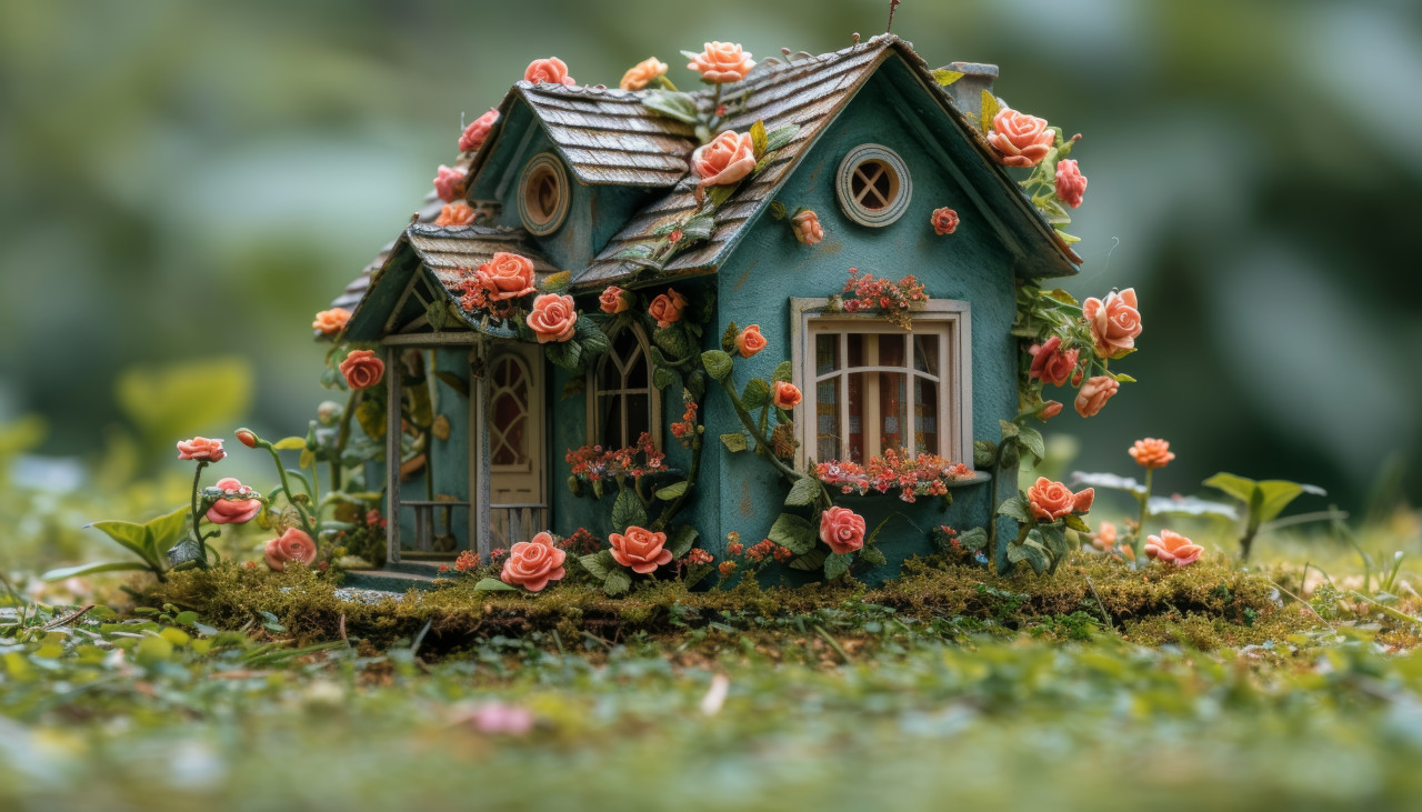 Tiny fairy house surrounded by roses and flowers on lush green grass, outdoor downsizing photo