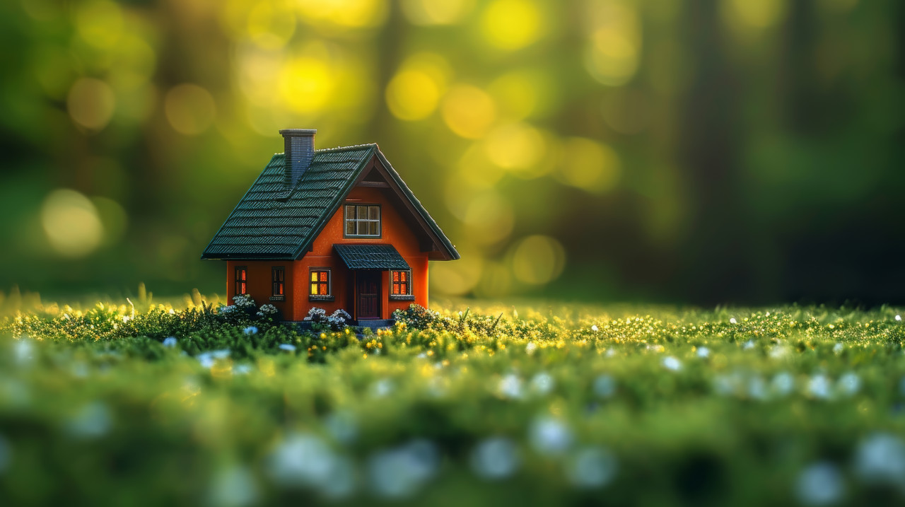 Cozy house surrounded by green grass under the bright sun a perfect scene for a sunny day outdoors, outdoor downsizing concept