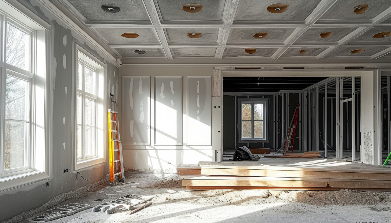 Room under construction installing ceiling and wall panels for a fresh look, downsized home renovations concept