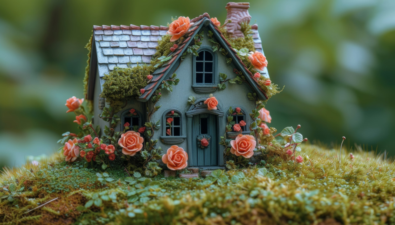 Miniature fairy house adorned with roses and flowers on grass, outdoor downsizing concept