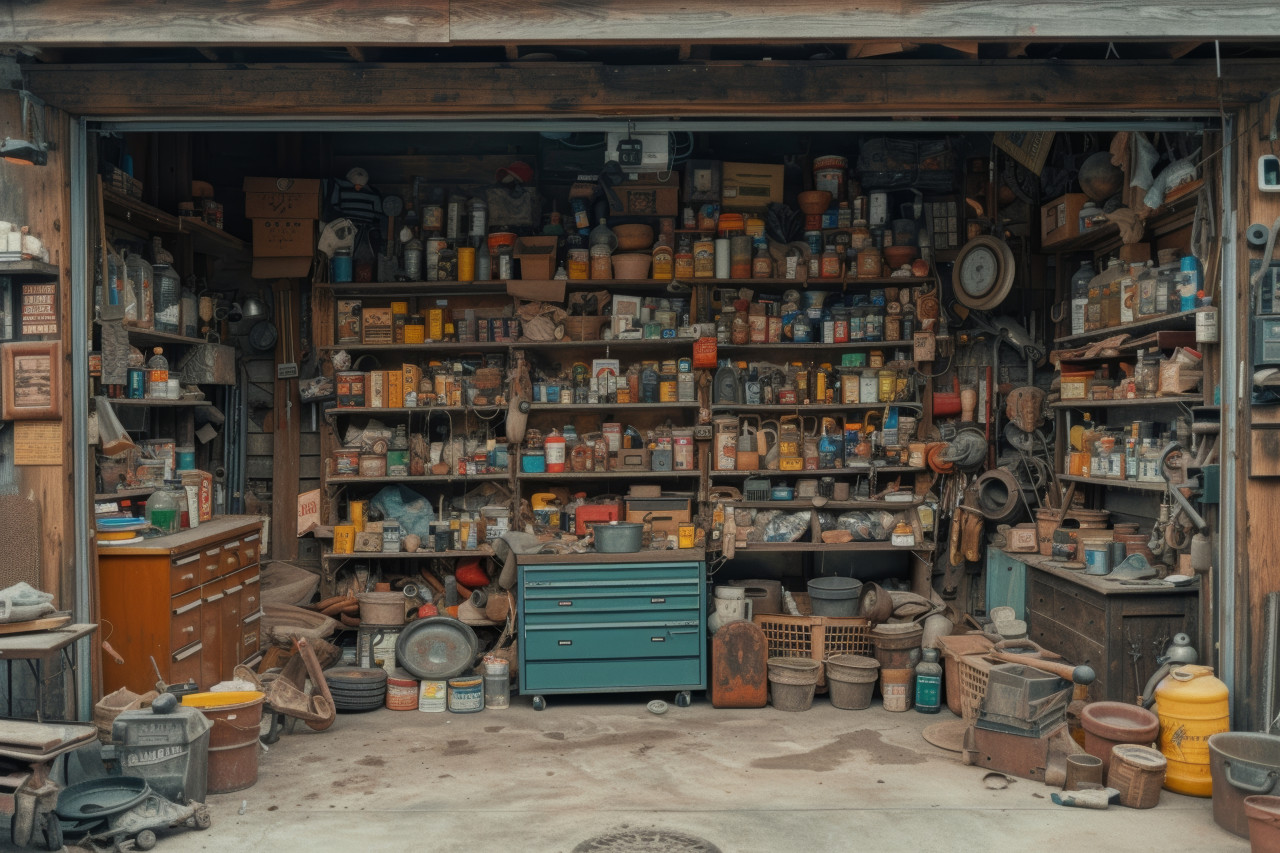 Messy garage with items awaiting organization decluttered interiors in progress, decluttered interiors concept