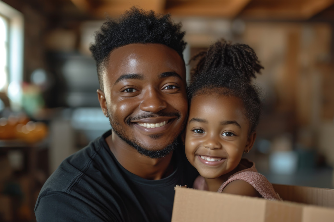 Father and girl moving with box in empty home, moving day photo