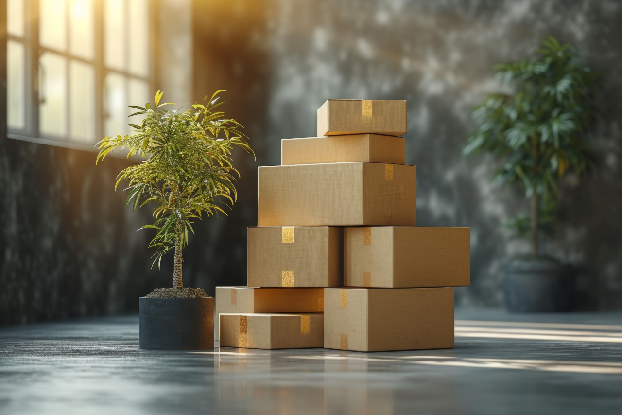 Stacked moving boxes and a plant in an empty room ready for a new beginning, moving day photo