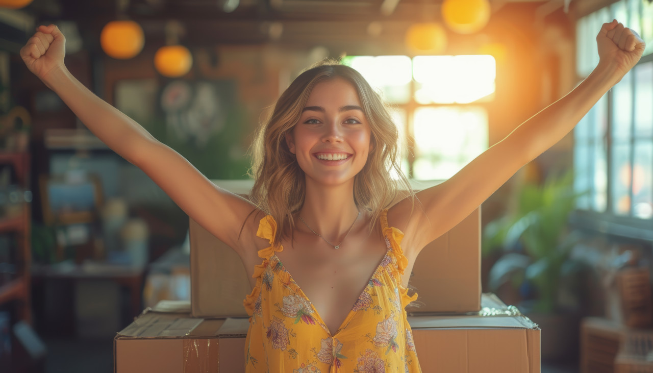 Happy woman with raised arms celebrating while moving surrounded by packing boxes, moving day photo