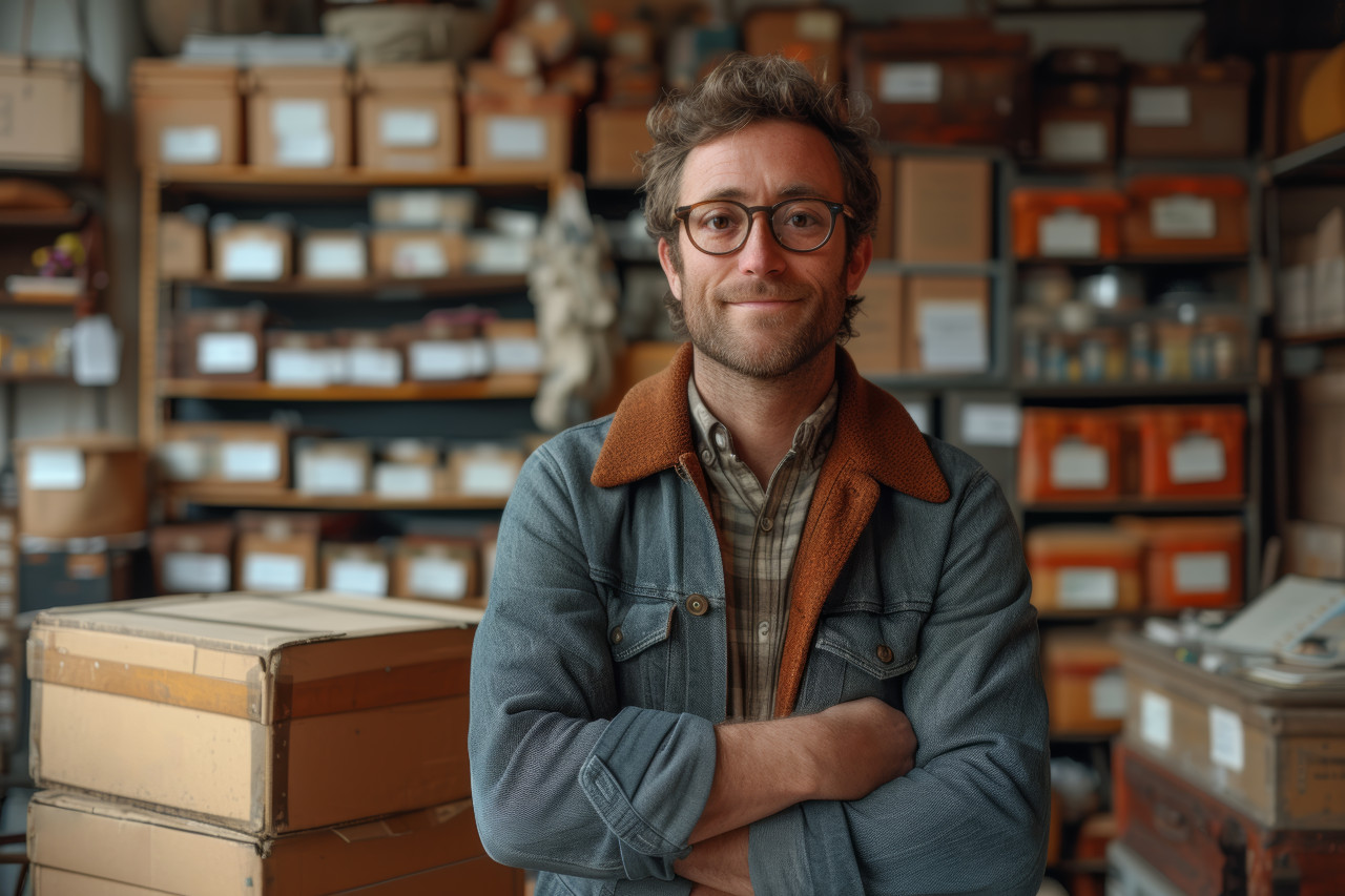 Joyful man posing proudly with boxes in the background, moving day concept