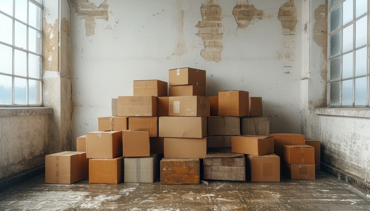 Cardboard boxes stacked against a white wall, moving day concept
