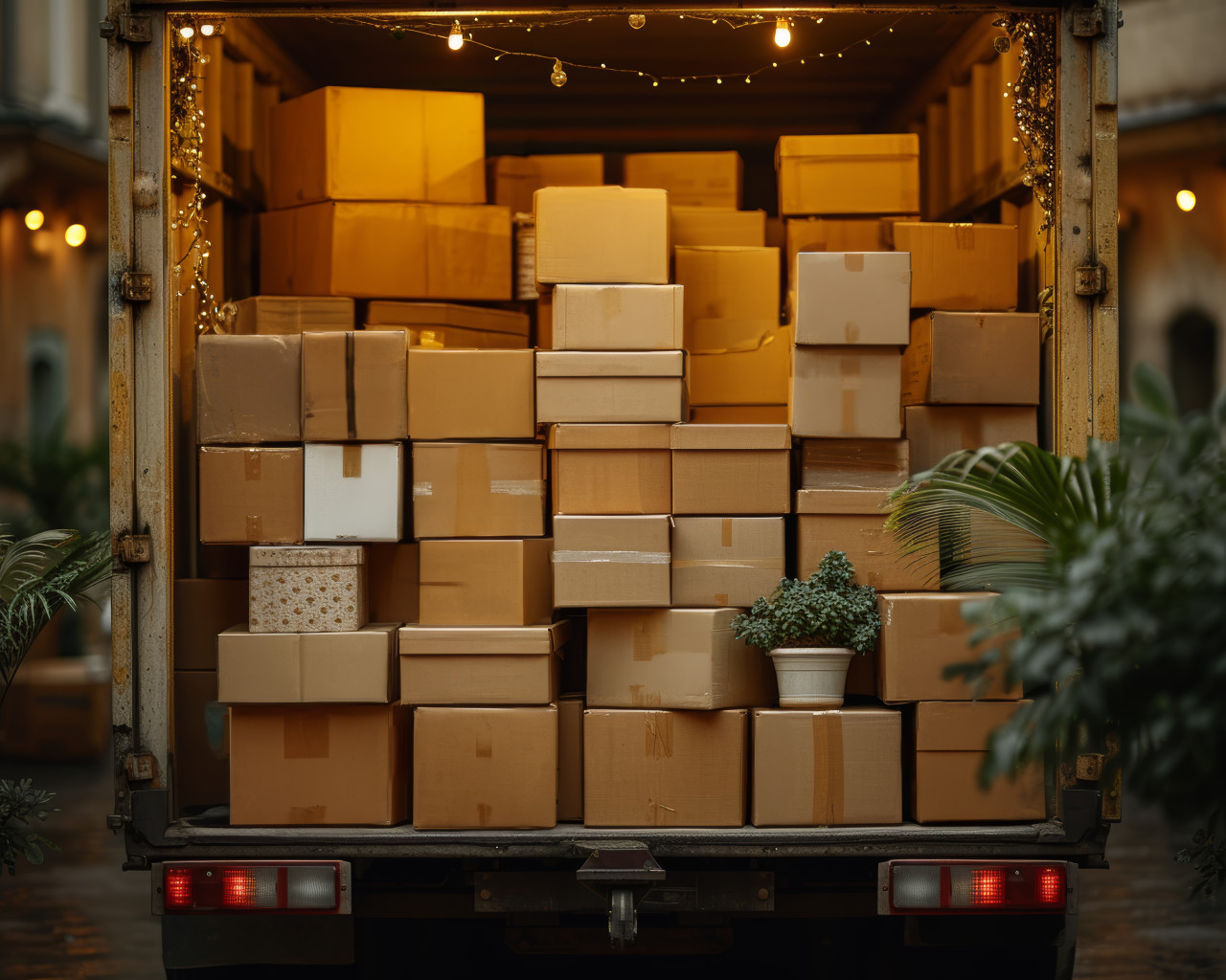 Moving truck filled with stacked boxes ready for transportation, moving day concept