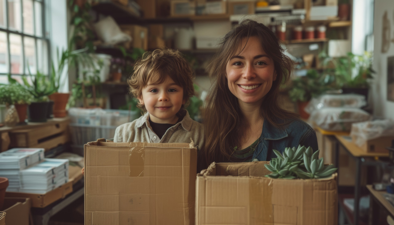 Woman and son in apartment moving boxes together, family downsizing stories concept