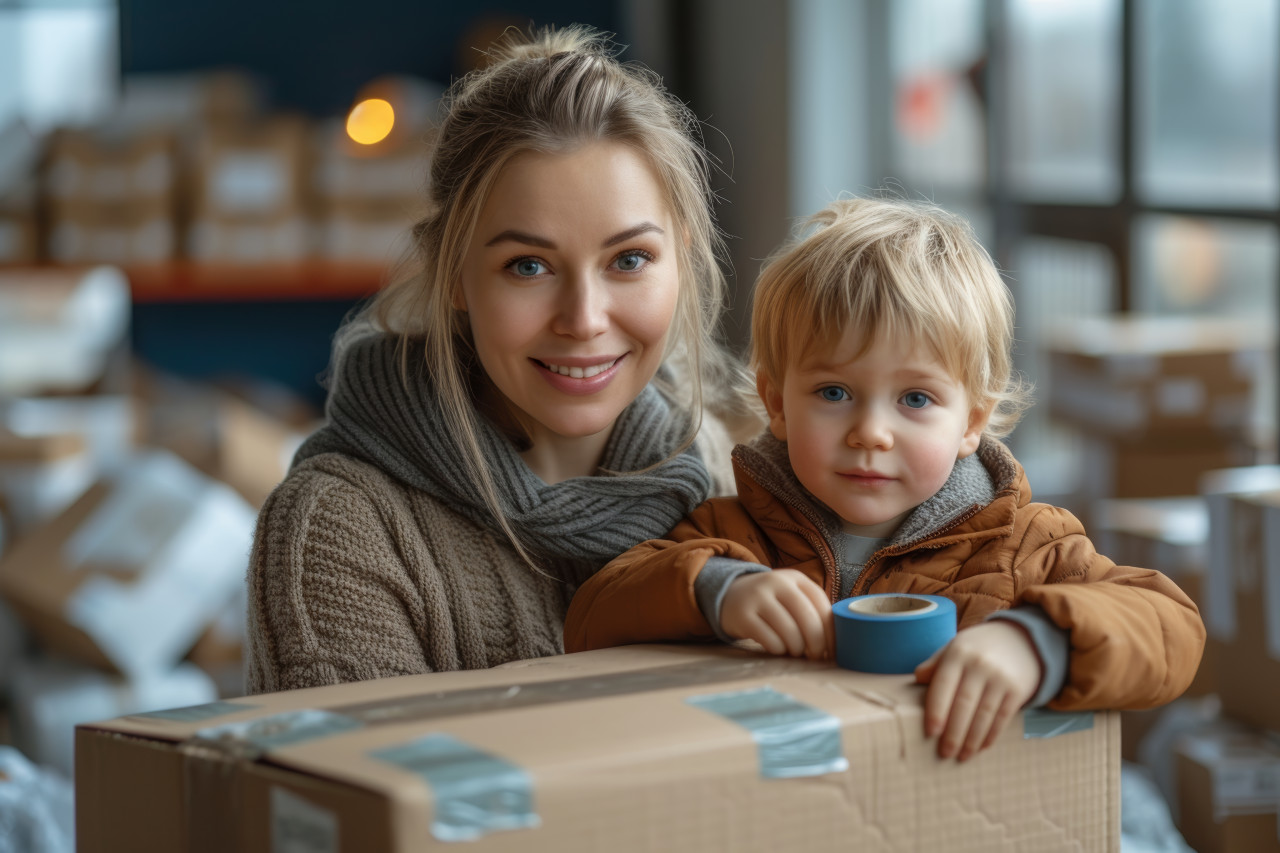 A mother and her son packing a carton with tape for a move or storage, packing and decluttering concept