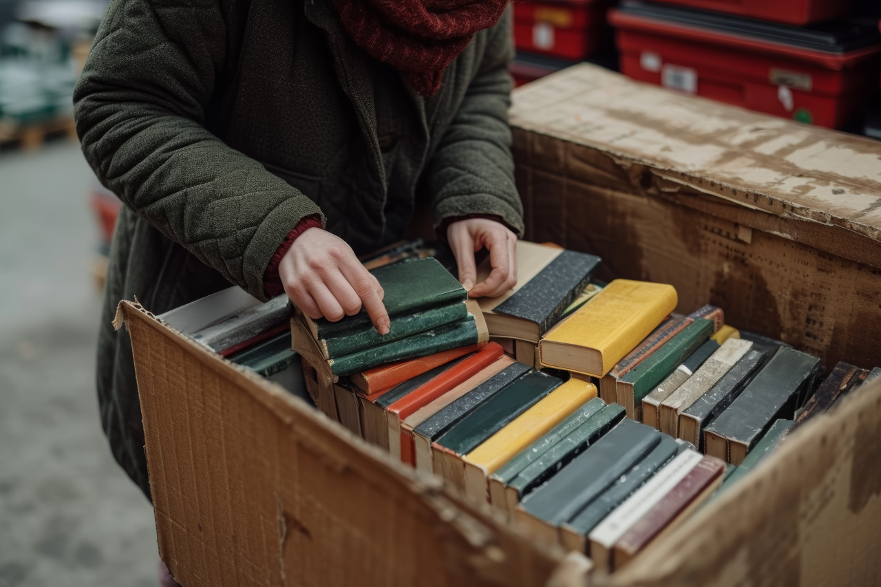 Person placing new books into a cardboard box, packing and decluttering photo