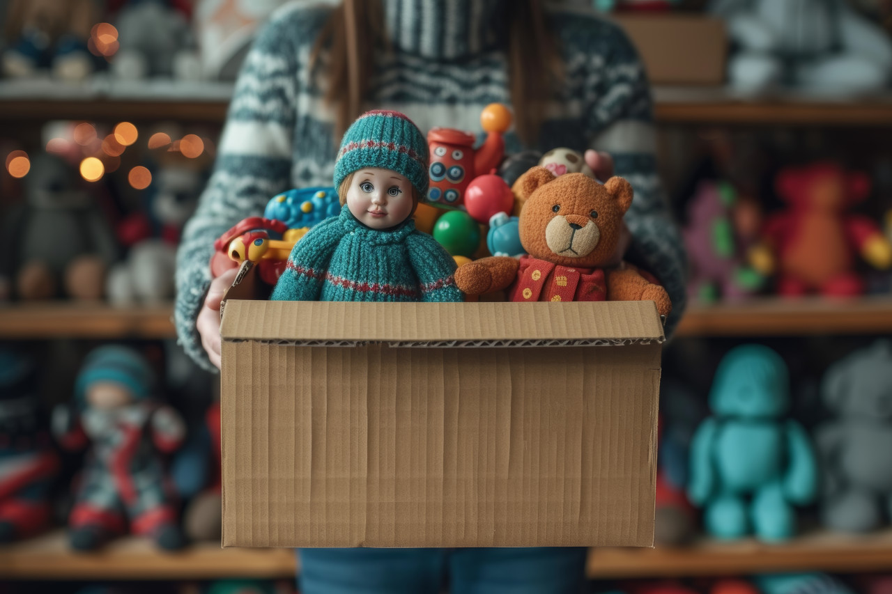 Person holding toys in a cardboard box exploring colorful playthings with joy and excitement, packing and decluttering concept