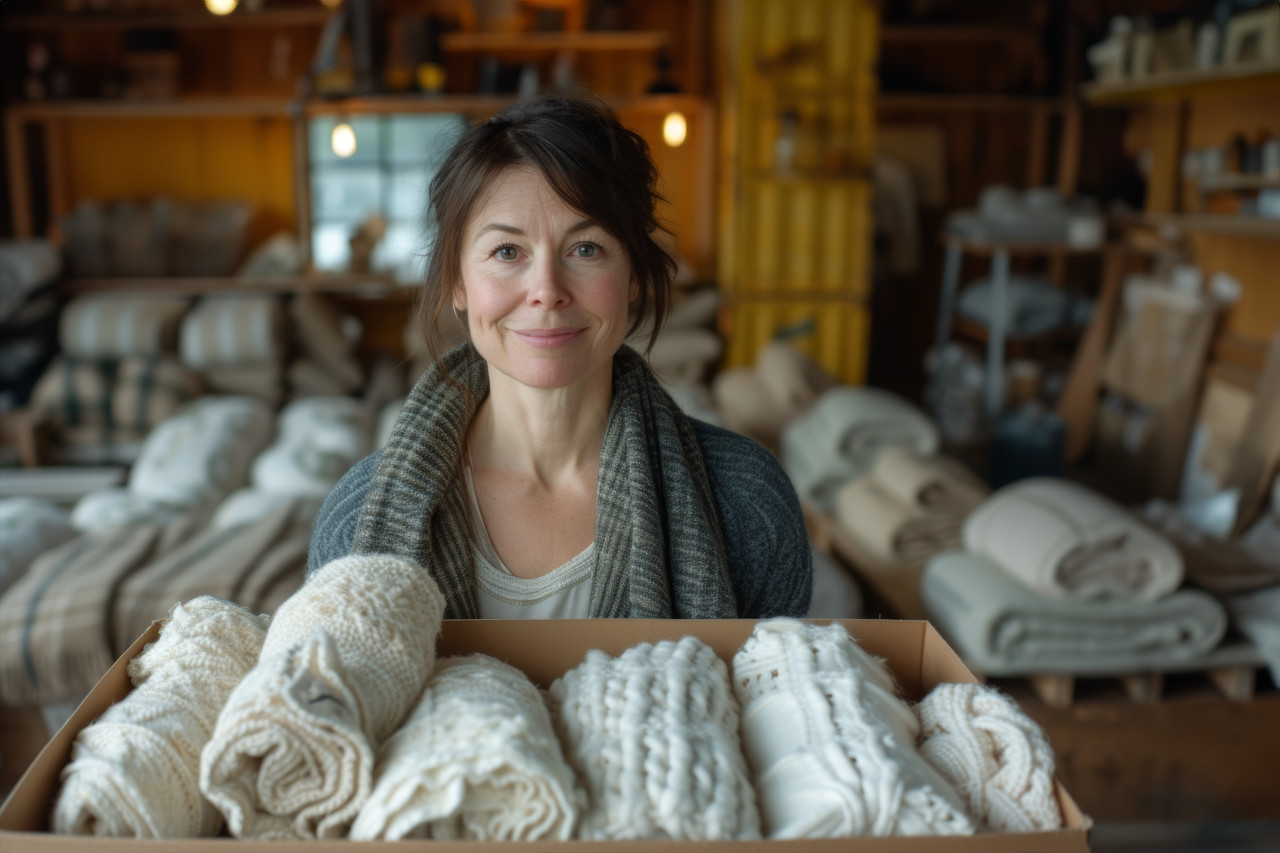 Woman holding out box with blankets inside offering warmth and comfort, packing and decluttering photo