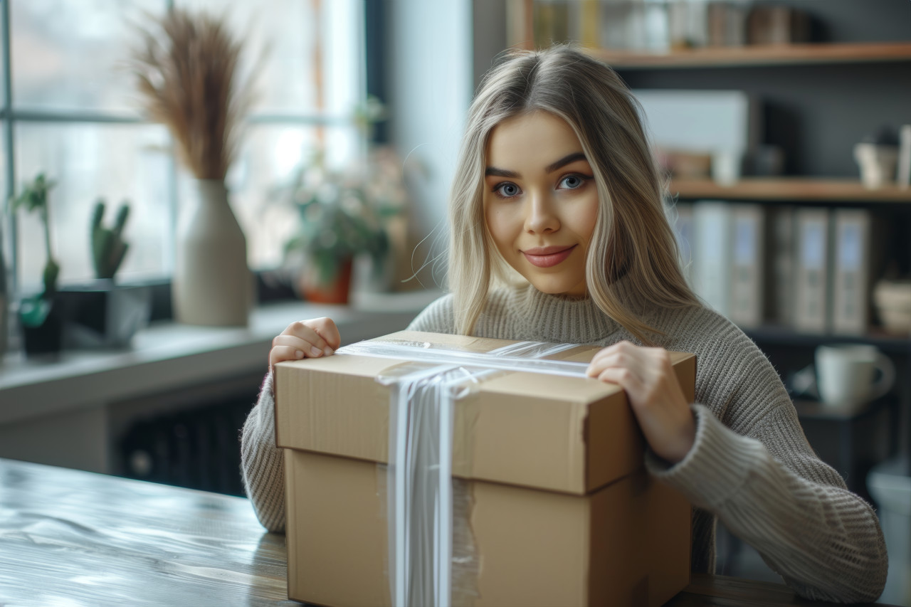 Woman wrapping tape around box on desk for secure packaging, packing and decluttering photo