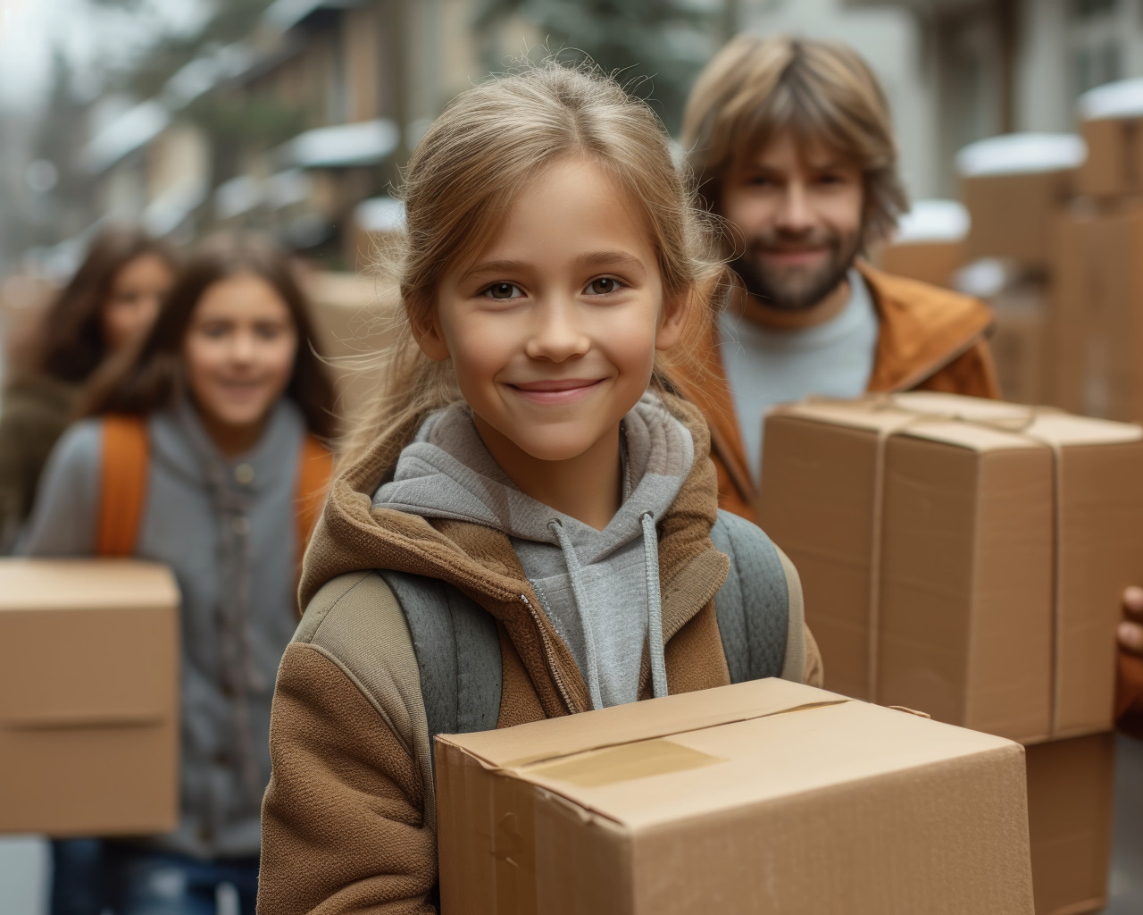 A happy family is relocating to their new home in new york ct, family downsizing stories concept