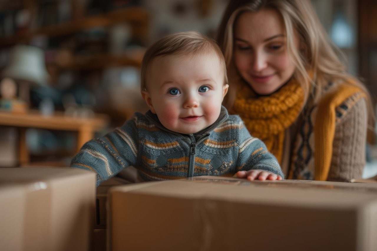 Woman and baby boy packing boxes in their new home creating memories together in a cozy space, family downsizing stories photo