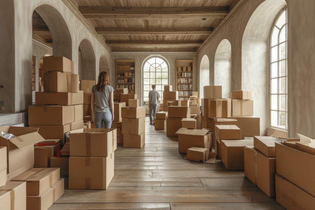 Family moving with boxes packing supplies and materials to their new home, family downsizing stories concept