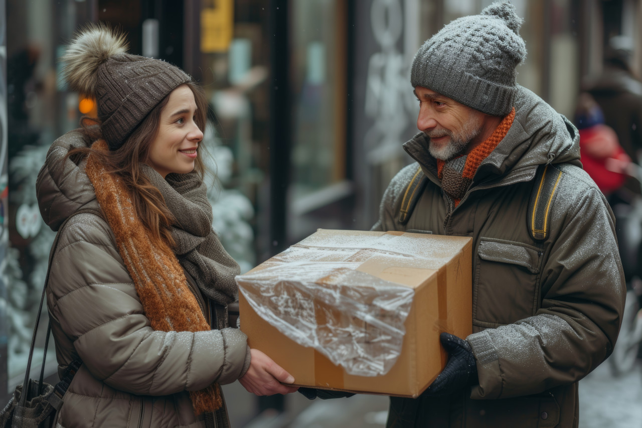 Delivery person hands woman large box completing the delivery with a smile, family downsizing stories concept