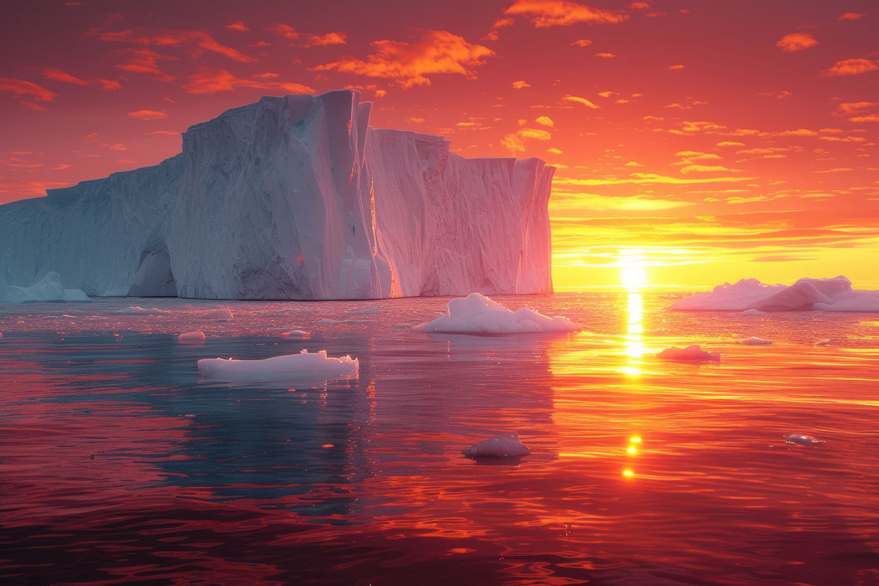 Colorful sunset blankets icebergs on icebergy island in a breathtaking display of nature beauty, melting glaciers and icebergs photo