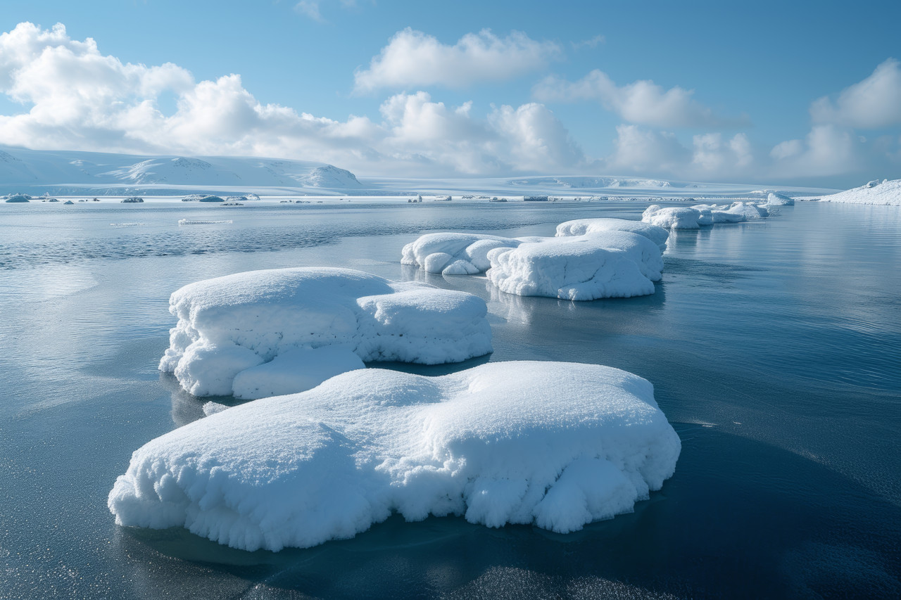Icebergs float in frigid waters a stunning display of nature frozen beauty, melting glaciers and icebergs photo