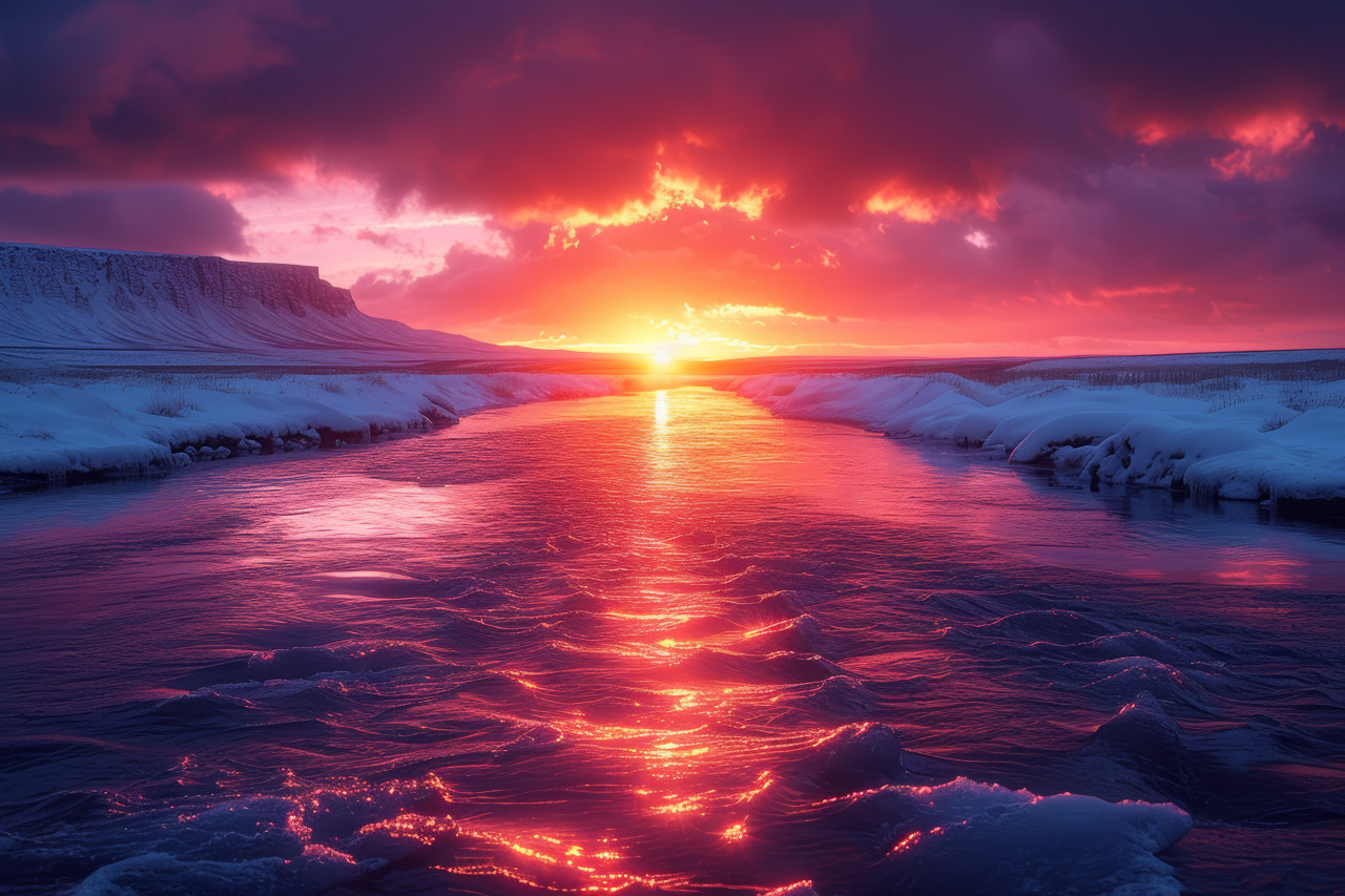 Glowing sunset colors blanket the icy river in iceland creating a mesmerizing view of nature beauty, melting glaciers and icebergs concept
