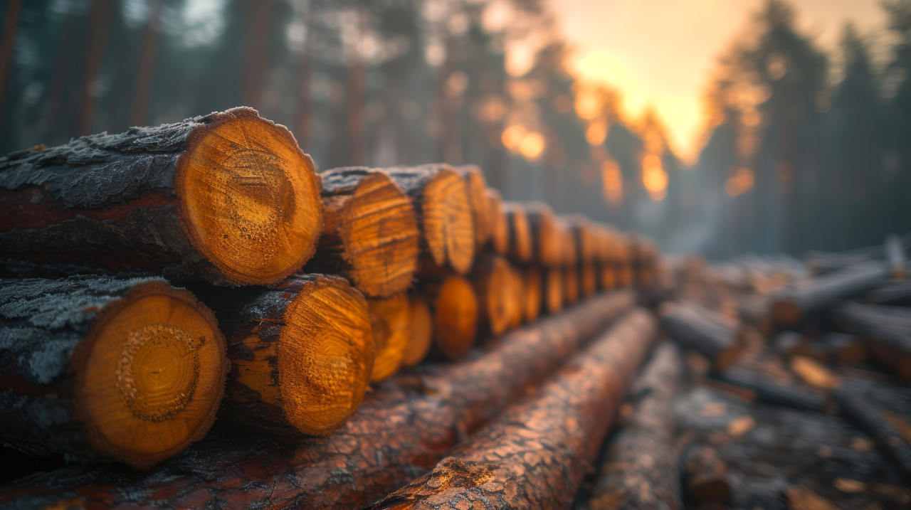 Logs neatly stacked in the forest creating a rustic and serene scene in the woods, deforestation and logging concept