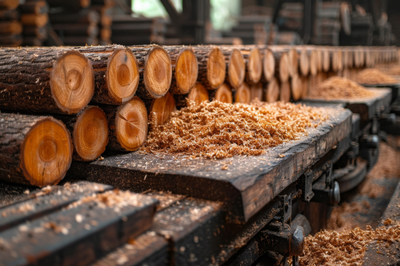 Logs and wood waste in a busy sawmill processing raw materials for various purposes, deforestation and logging concept