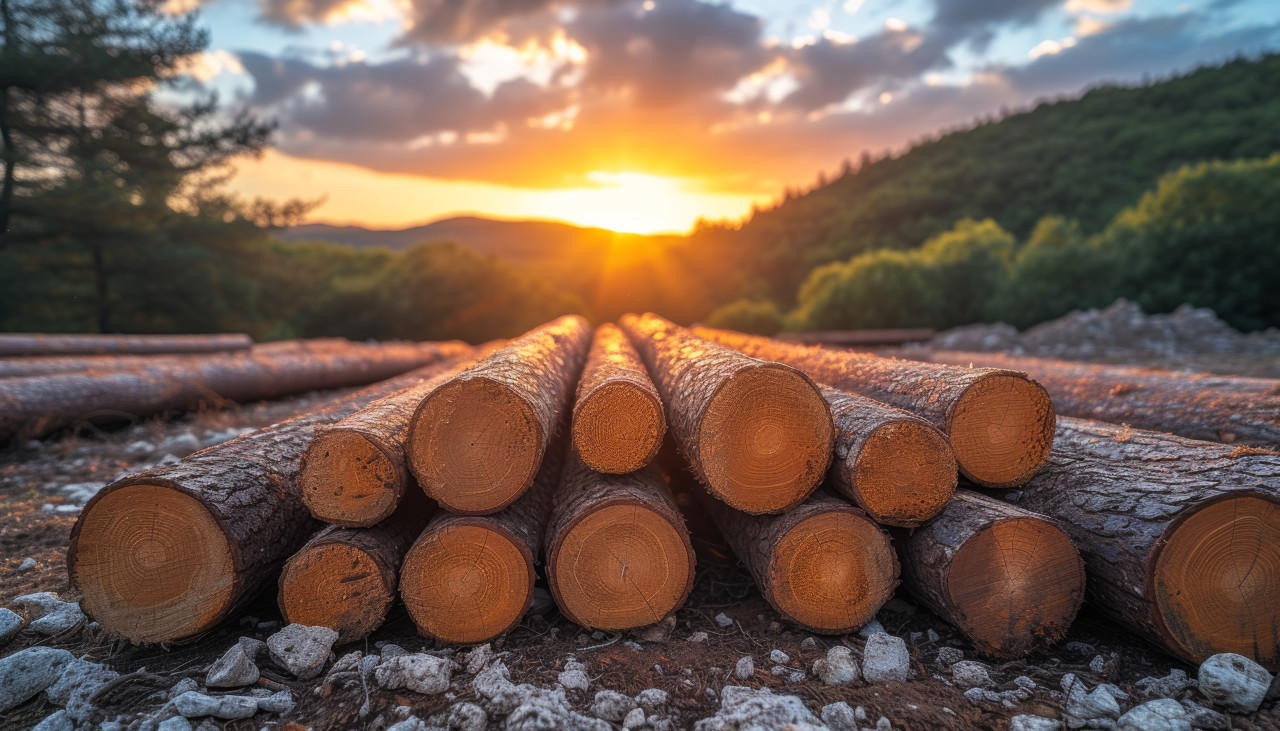 Tree logs stacked on the ground, deforestation and logging concept